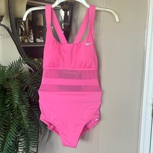 NWT Nike Pink Mesh Solid Edge V-Back Sporty One-Piece Swimsuit White Swoosh